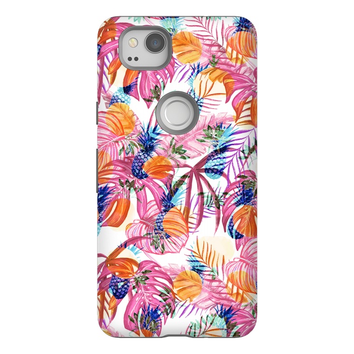 Pixel 2 StrongFit Pink tropical leaves and blue pineapples by Oana 