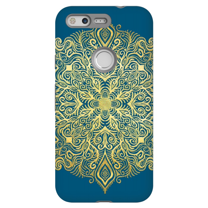 Pixel StrongFit Ornate Gold Mandala on Deep Blue by Micklyn Le Feuvre