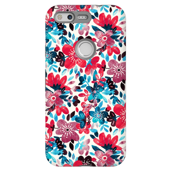 Pixel StrongFit Cheerful Red and Blue Floral Pattern by Micklyn Le Feuvre