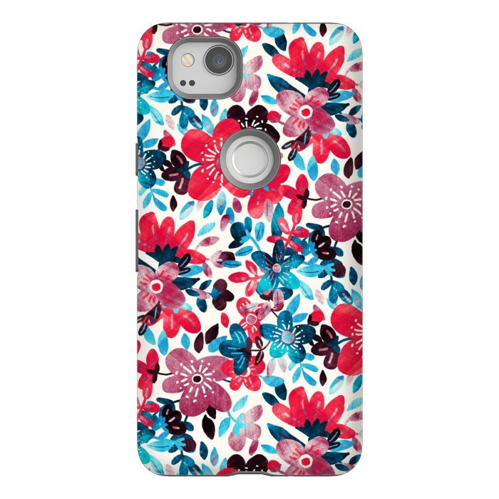 Pixel 2 StrongFit Cheerful Red and Blue Floral Pattern by Micklyn Le Feuvre