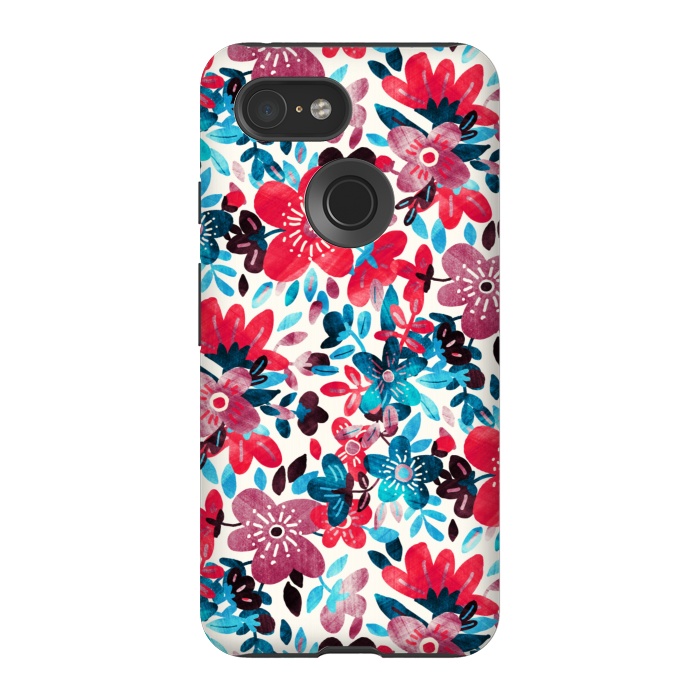 Pixel 3 StrongFit Cheerful Red and Blue Floral Pattern by Micklyn Le Feuvre