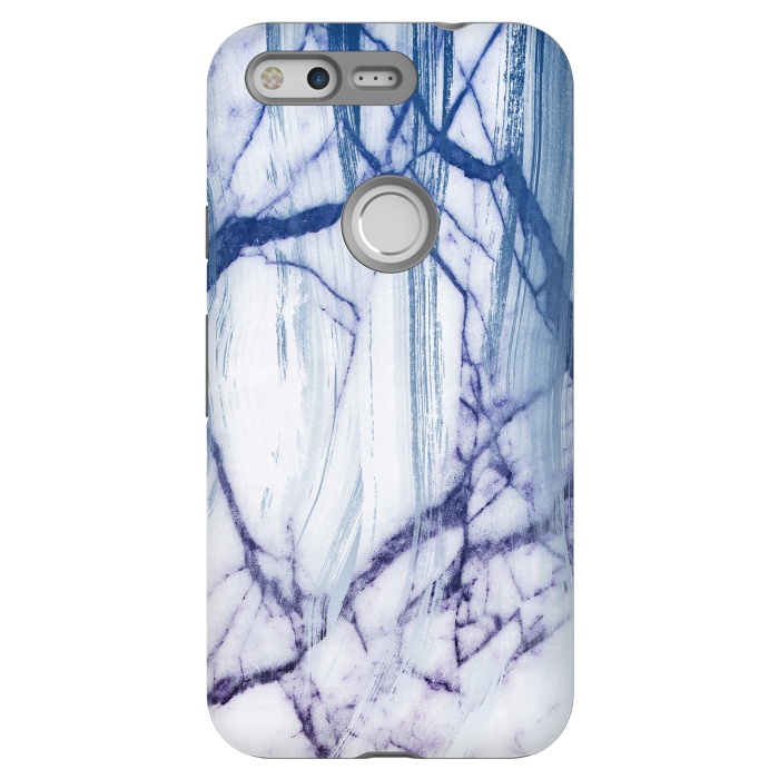 Pixel StrongFit White marble with blue cracks brushstrokes by Oana 