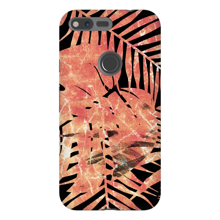 Pixel XL StrongFit Golden palm and ficus tropical marble leaves on black background by Oana 