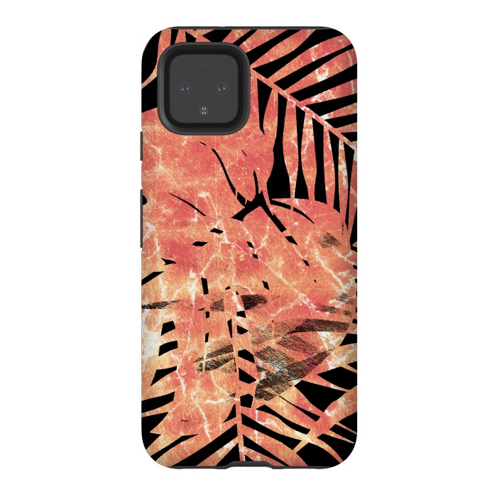 Pixel 4 StrongFit Golden palm and ficus tropical marble leaves on black background by Oana 