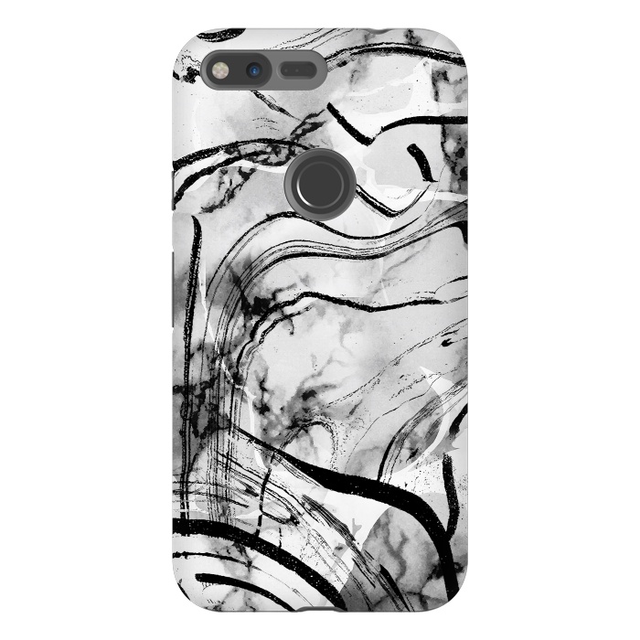 Pixel XL StrongFit Minimal white gray marble with black ink brushstroke stripes by Oana 