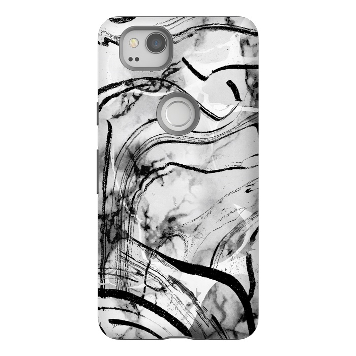 Pixel 2 StrongFit Minimal white gray marble with black ink brushstroke stripes by Oana 