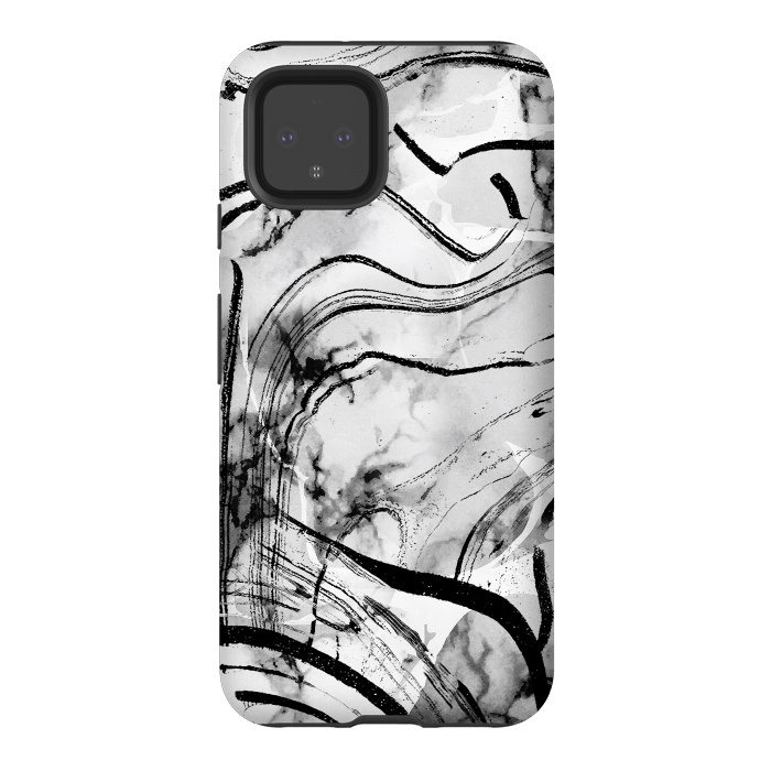 Pixel 4 StrongFit Minimal white gray marble with black ink brushstroke stripes by Oana 