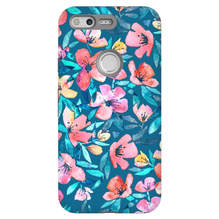 Pixel StrongFit Fresh Watercolor Floral on Teal Blue by Micklyn Le Feuvre