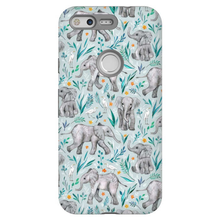 Pixel StrongFit Little Watercolor Elephants and Egrets on Light Blue by Micklyn Le Feuvre