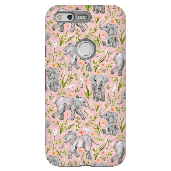 Pixel StrongFit Little Watercolor Elephants and Egrets on Blush Pink  by Micklyn Le Feuvre