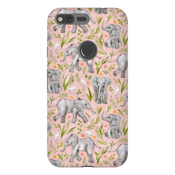 Pixel XL StrongFit Little Watercolor Elephants and Egrets on Blush Pink  by Micklyn Le Feuvre
