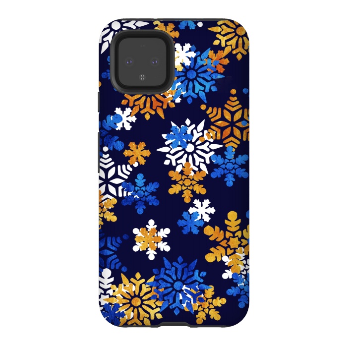 Pixel 4 StrongFit Blue, gold, white snowflakes by Oana 