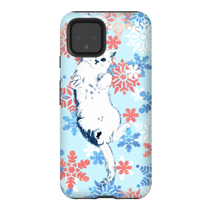 Pixel 4 StrongFit White cat and blue white gold snowflakes by Oana 