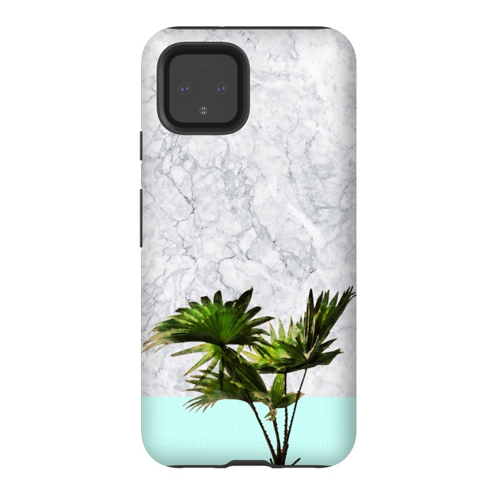 Pixel 4 StrongFit Palm Plant on Marble and Pastel Blue Wall by amini54