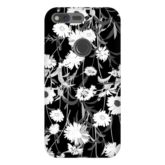 Pixel XL StrongFit White daisies botanical illustration on black background by Oana 
