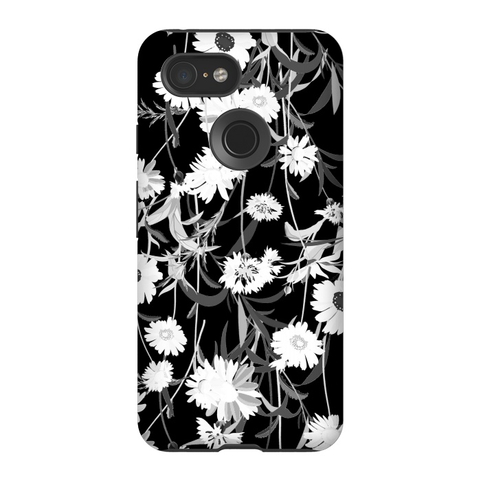 Pixel 3 StrongFit White daisies botanical illustration on black background by Oana 