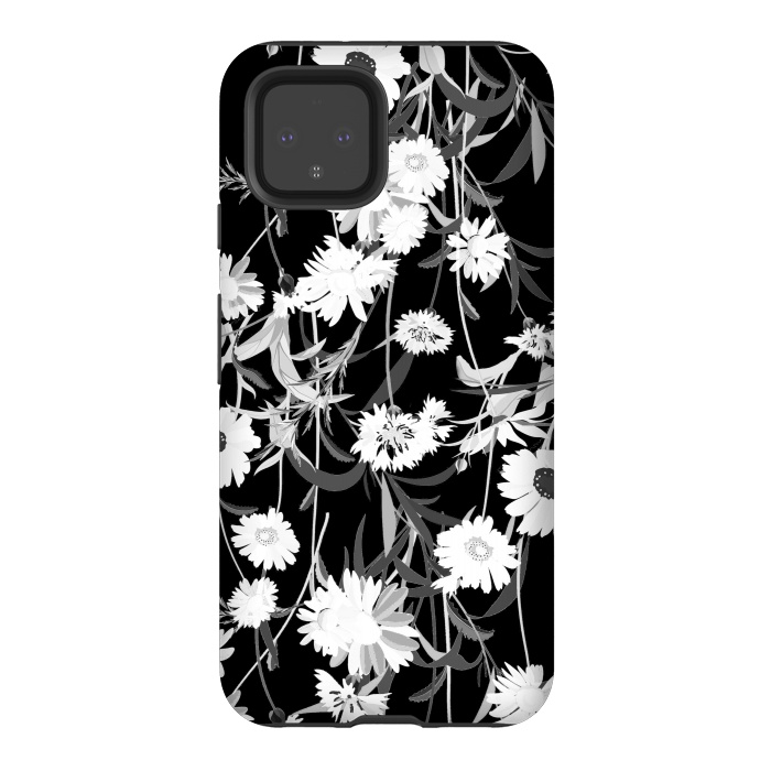 Pixel 4 StrongFit White daisies botanical illustration on black background by Oana 