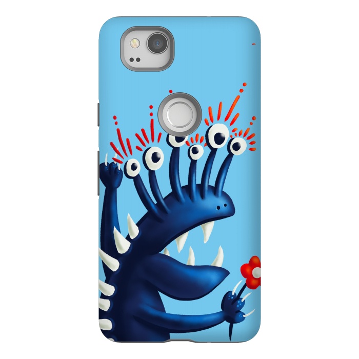 Pixel 2 StrongFit Funny Monster In Blue With Flower by Boriana Giormova