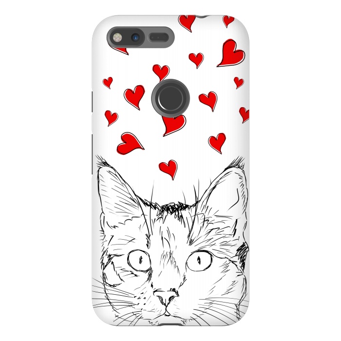 Pixel XL StrongFit Cute line art cat and red hearts by Oana 