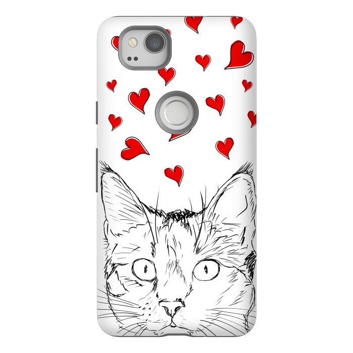 Pixel 2 StrongFit Cute line art cat and red hearts by Oana 