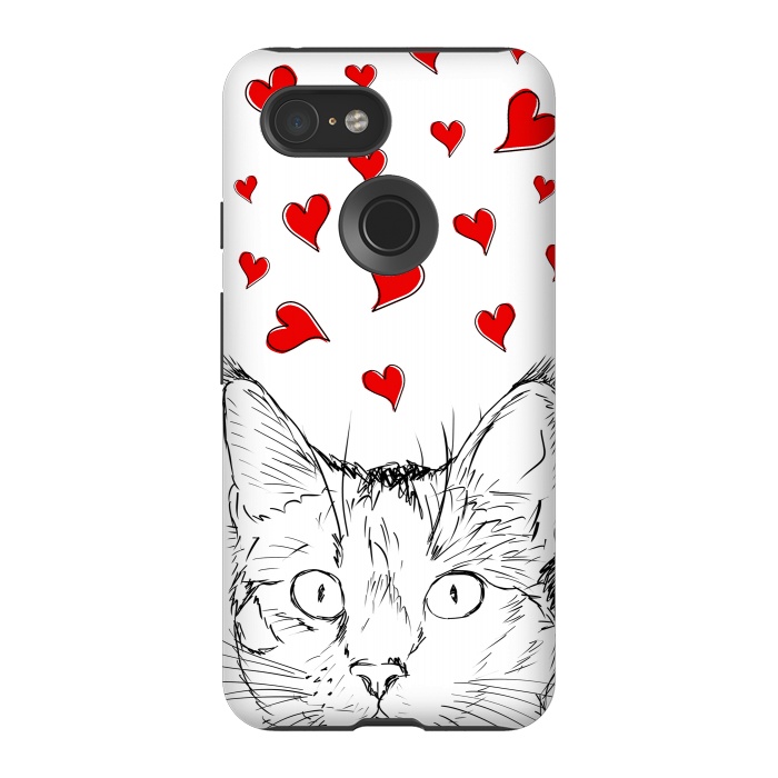 Pixel 3 StrongFit Cute line art cat and red hearts by Oana 
