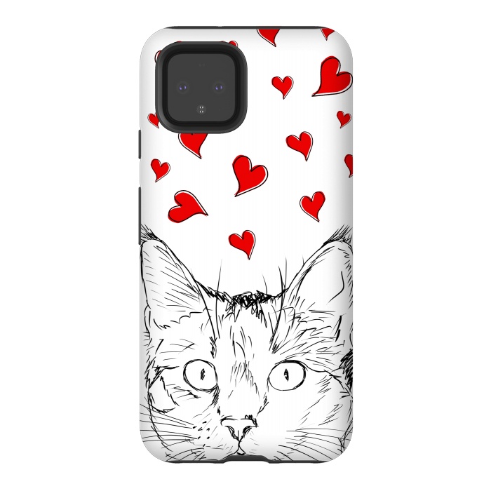 Pixel 4 StrongFit Cute line art cat and red hearts by Oana 