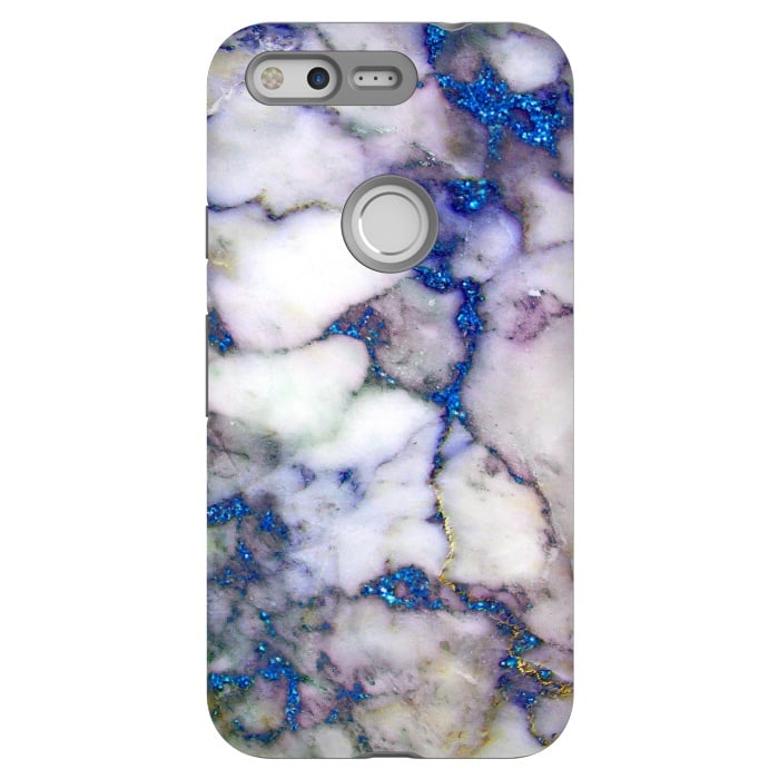 Pixel StrongFit Blue Glitter Veins on Gray Marble by  Utart
