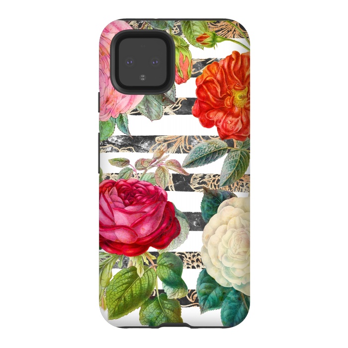 Pixel 4 StrongFit Vibrant romantic botanical flowers and white stripes by Oana 