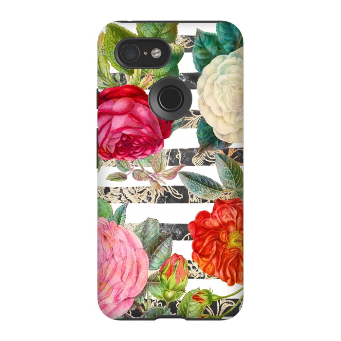 Pixel 3 StrongFit Colorful roses botanical illustration on white stripes by Oana 