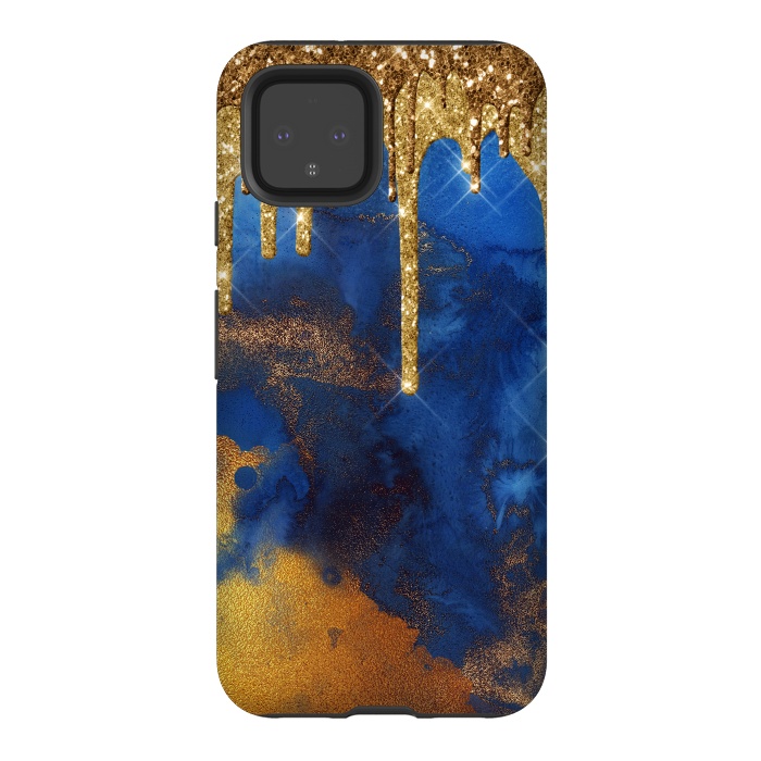 Pixel 4 StrongFit Raining Gold Glitter and Foil on Indigo Marble Ink by  Utart