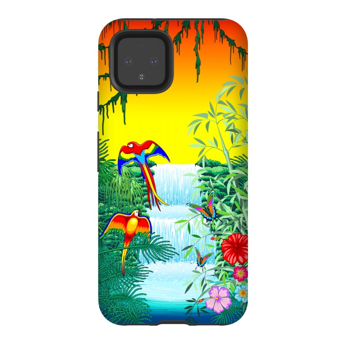Pixel 4 StrongFit Waterfall Macaws and Butterflies on Exotic Landscape by BluedarkArt