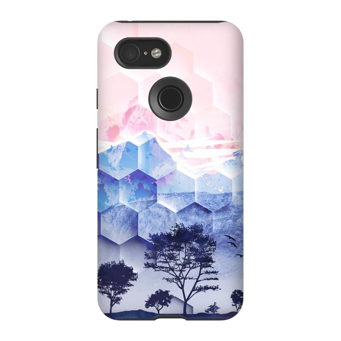 Pixel 3 StrongFit Pink blue geometric mountain utopic landscape and trees by Oana 