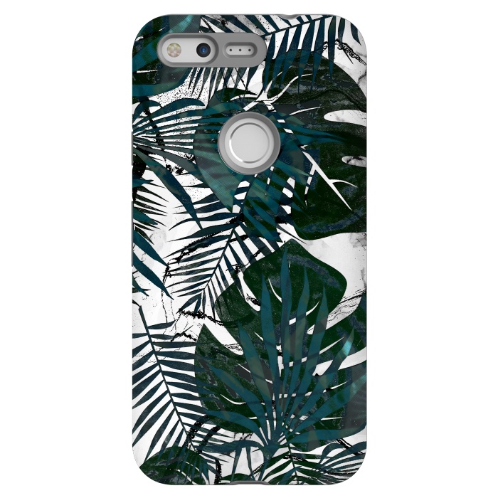 Pixel StrongFit Dark green jungle leaves on white marble by Oana 