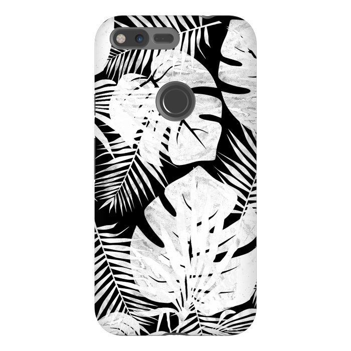 Pixel XL StrongFit White textured jungle leaves on black backround by Oana 