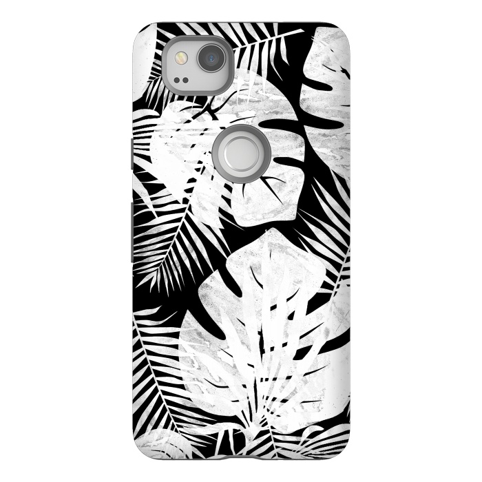 Pixel 2 StrongFit White textured jungle leaves on black backround by Oana 