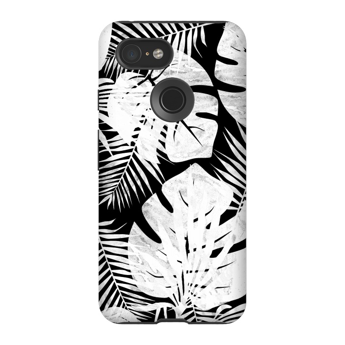 Pixel 3 StrongFit White textured jungle leaves on black backround by Oana 