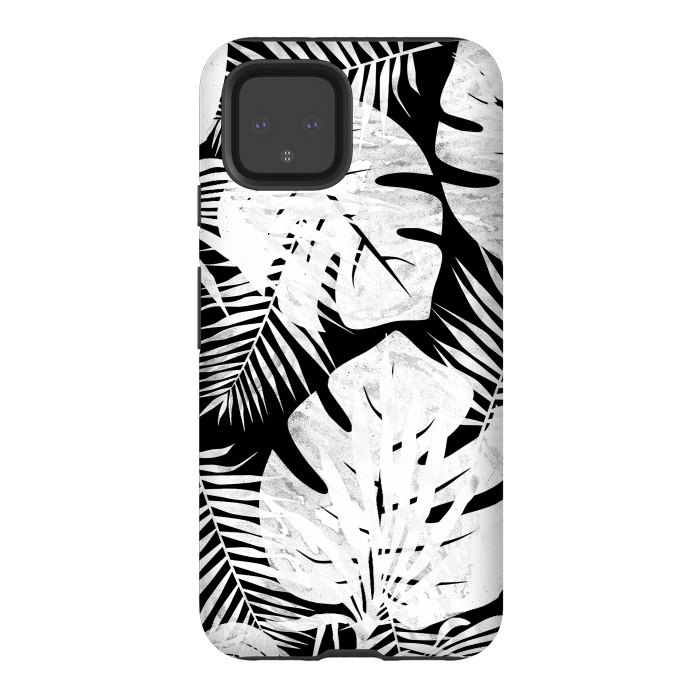 Pixel 4 StrongFit White textured jungle leaves on black backround by Oana 