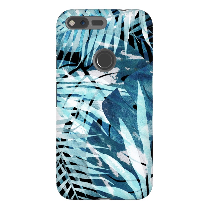 Pixel XL StrongFit Turquosie watercolor painted tropical leaves by Oana 