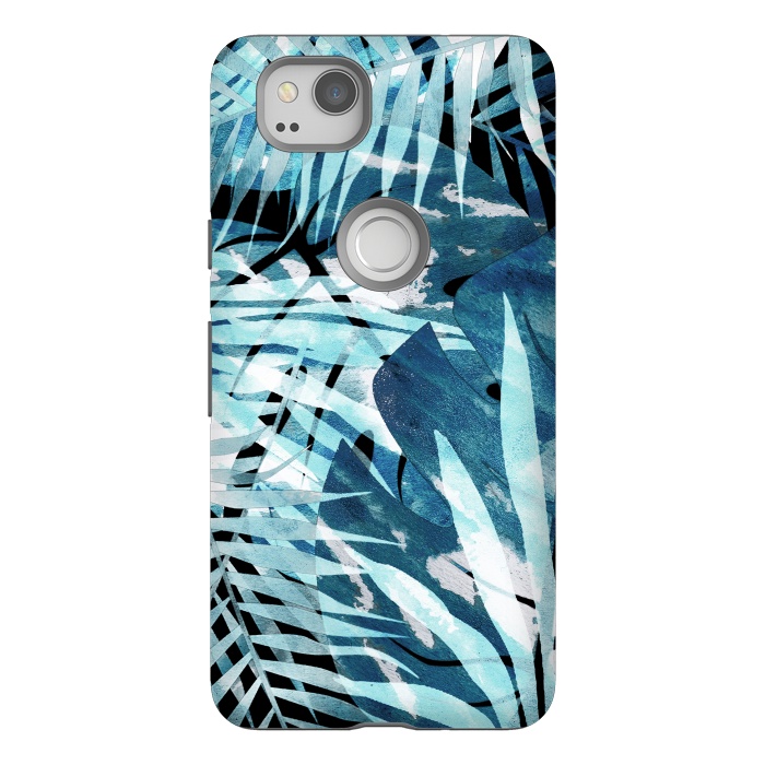 Pixel 2 StrongFit Turquosie watercolor painted tropical leaves by Oana 