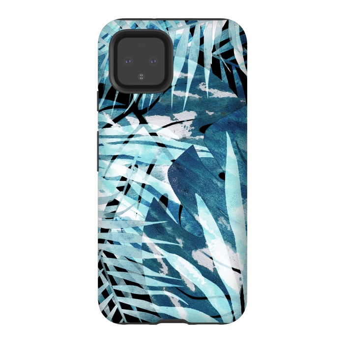 Pixel 4 StrongFit Turquosie watercolor painted tropical leaves by Oana 