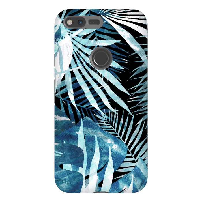 Pixel XL StrongFit Turquoise black palm and ficus tropical leaves by Oana 