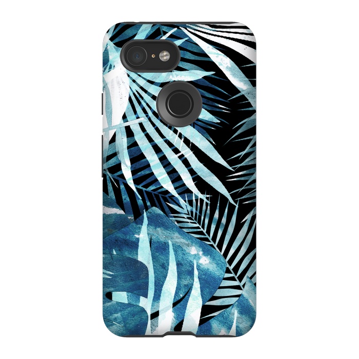 Pixel 3 StrongFit Turquoise black palm and ficus tropical leaves by Oana 