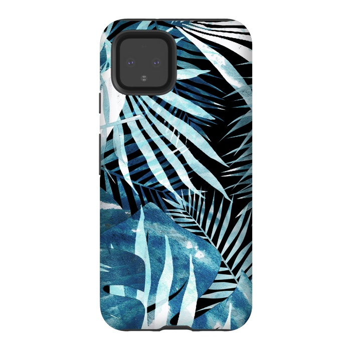 Pixel 4 StrongFit Turquoise black palm and ficus tropical leaves by Oana 