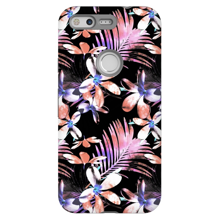 Pixel StrongFit Pink purple hibiscus flowers and tropical leaves pattern by Oana 
