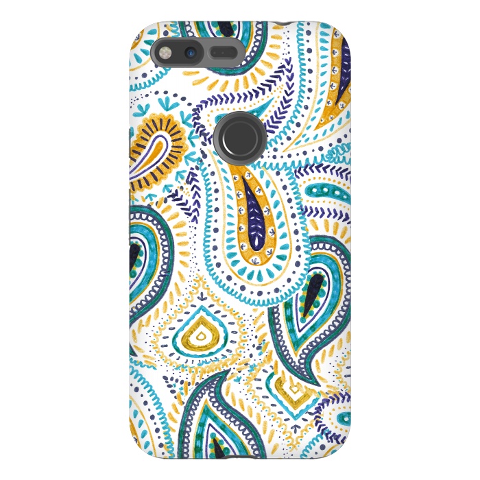 Pixel XL StrongFit Playful yellow blue paisley drawing by Oana 