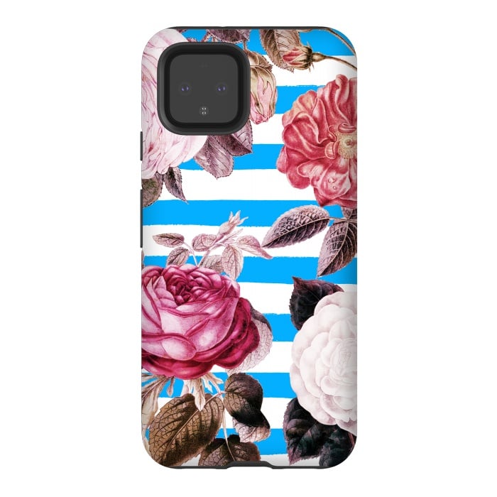 Pixel 4 StrongFit Vintage roses illustration on blue and white stripes by Oana 