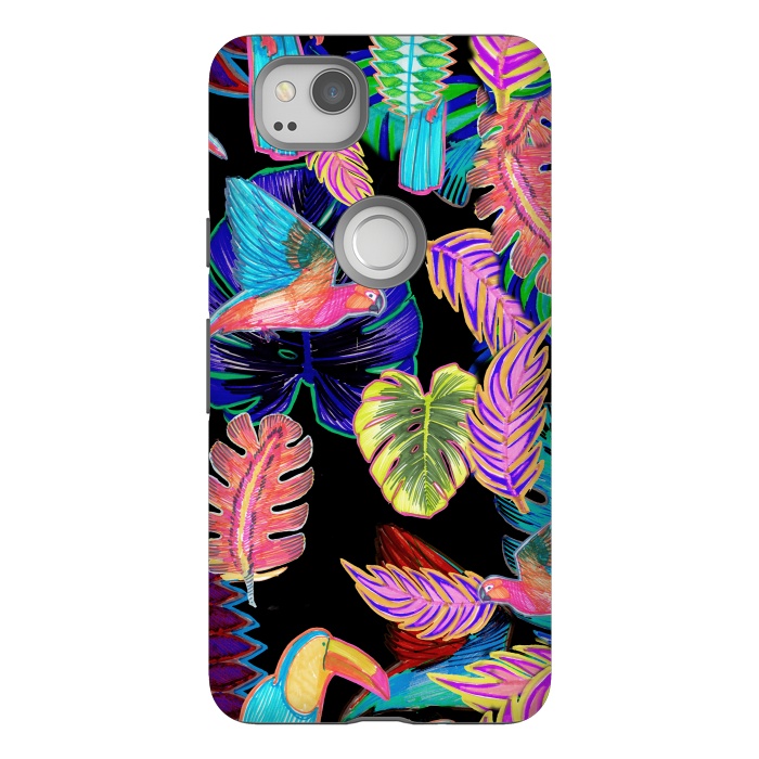 Pixel 2 StrongFit Colorful sketched tropical birds and leaves by Oana 