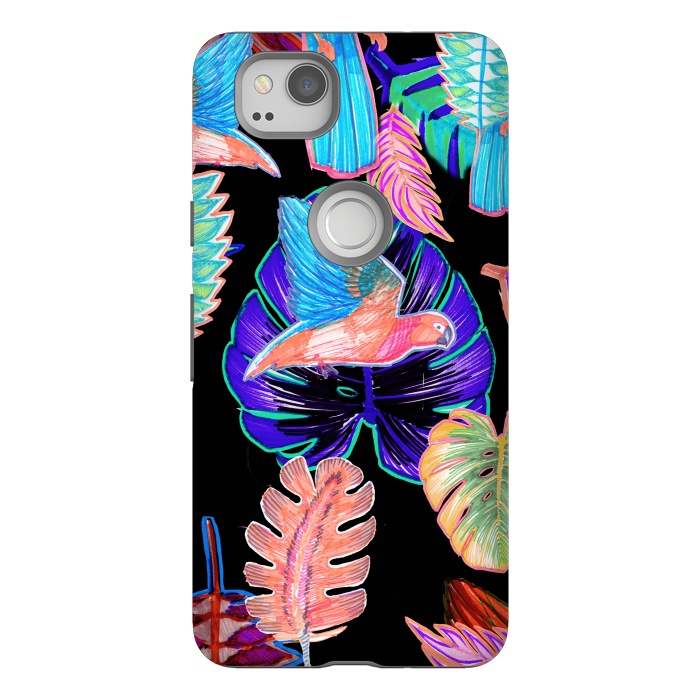 Pixel 2 StrongFit Colorful parrot and tropical leaves by Oana 