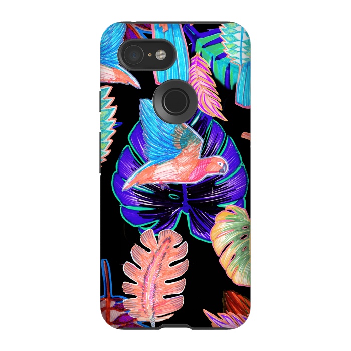 Pixel 3 StrongFit Colorful parrot and tropical leaves by Oana 