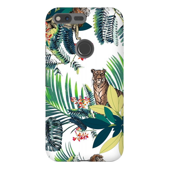 Pixel XL StrongFit Tiger and tropical jungle leaves and flowers by Oana 